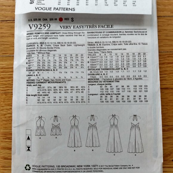 Vogue Romper Jumpsuit Sewing Pattern Plus Size 14-22 Halter Neckline 9259 - Picture 7 of 16